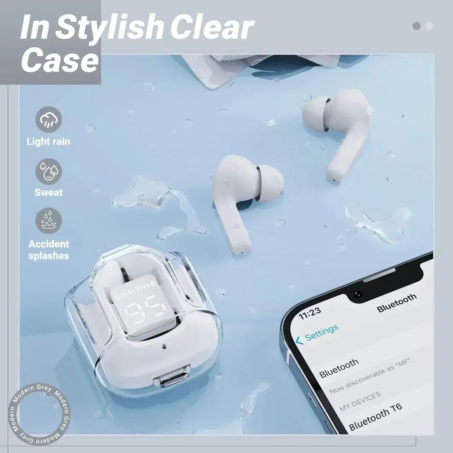 CrystalBeats BT30: Transparent TWS Bluetooth 5.3 Earbuds with Digital Display & Noise Canceling