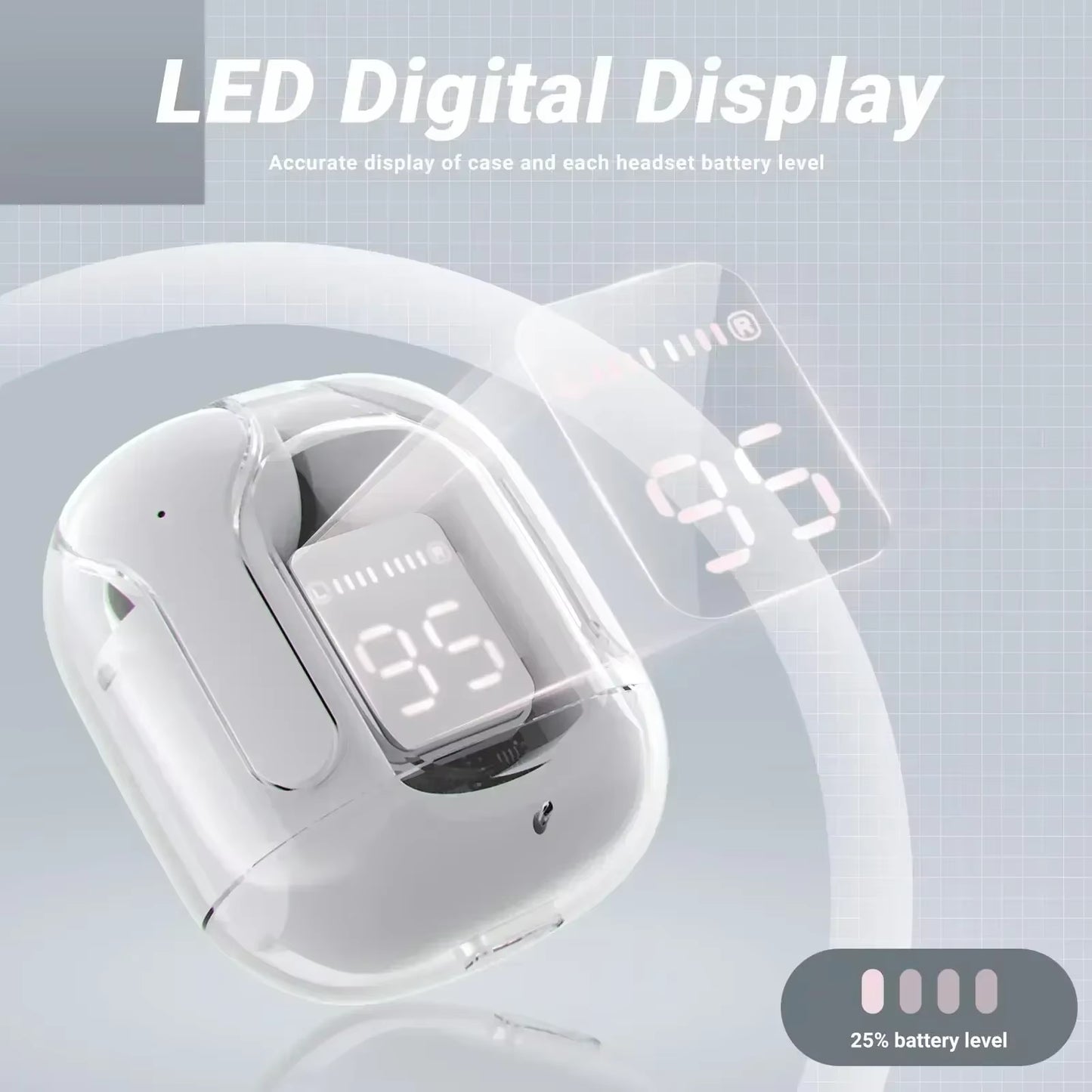 CrystalBeats BT30: Transparent TWS Bluetooth 5.3 Earbuds with Digital Display & Noise Canceling