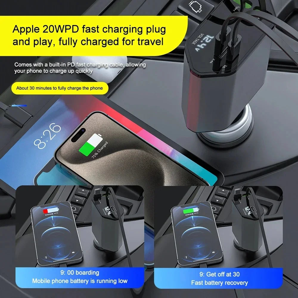VoltRush™ 4-in-1 Retractable Car Charger – Fast Power, Zero Clutter